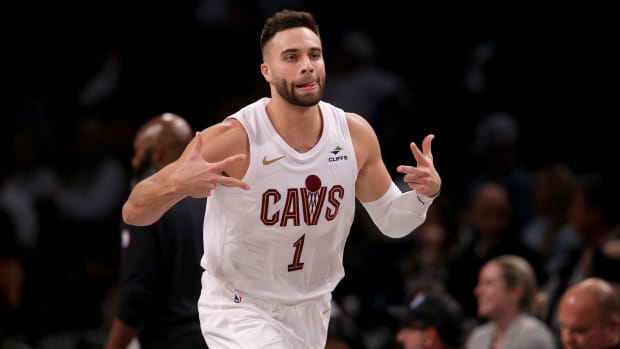 Oct 25, 2023; Brooklyn, New York, USA; Cleveland Cavaliers guard Max Strus (1) reacts after hitting a three point shot against the Brooklyn Nets during the third quarter at Barclays Center.